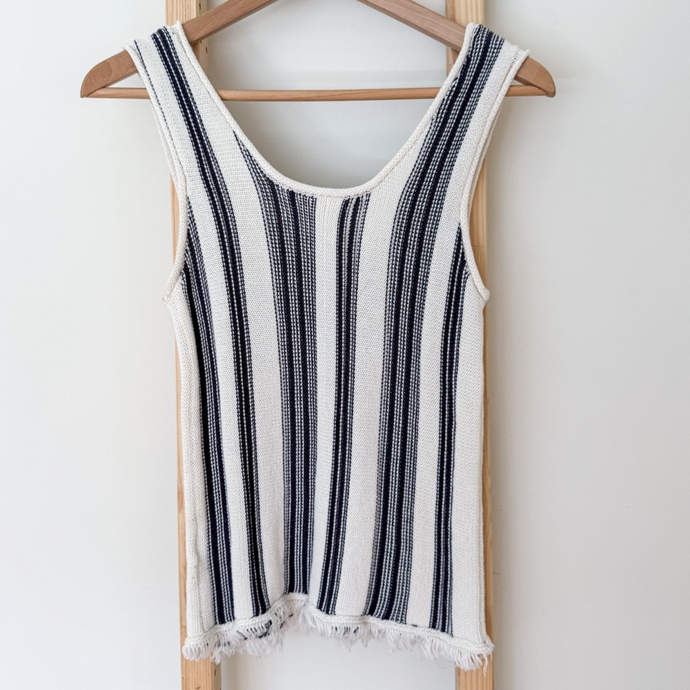 John + Jenn Striped Knit Tank Raw Hem Cotton Coastal Summer Top XS